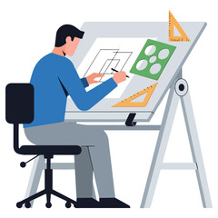 Architect drawing plans at drafting table, focused on work.