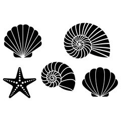 Black silhouettes of various seashells and starfish on white background.