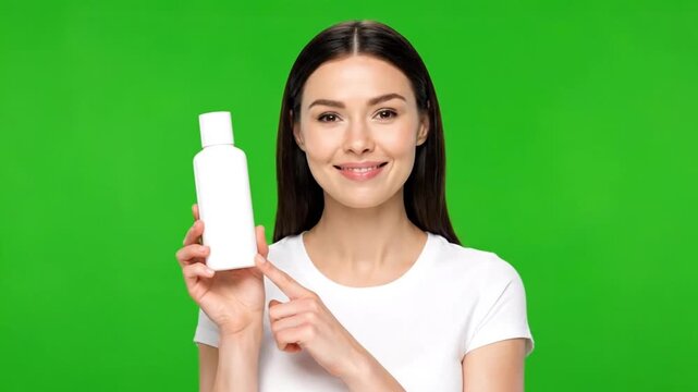 Female model showing plain white cosmetic lotion bottle mockup isolated on green screen
