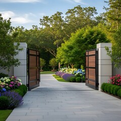 Elegant Driveway Entrance with Wooden Gates.