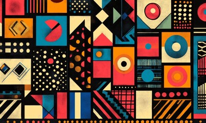 Obraz premium Colorful retro pattern from the '80s or '90s, with geometric shapes and vibrant designs for print, textile applications, or background use in creative projects, Generative AI