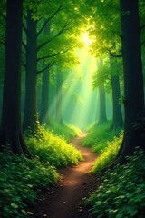 Naklejka premium Sun-dappled forest path winding through lush green woods, sunlight filtering through leaves, creating a magical atmosphere Perfect for fantasy, nature, or adventure themes , ecology, sunlight