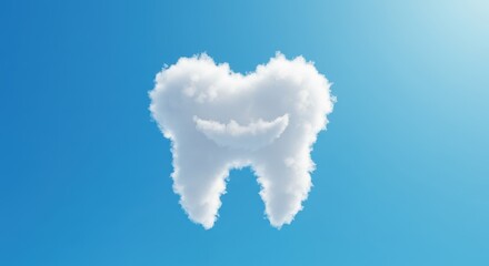 Fototapeta premium Against a serene blue sky, fluffy white cloud takes the distinct form of molar with faint impression smiling face, creating an imaginative dental concept. Children’s dentistry concept.