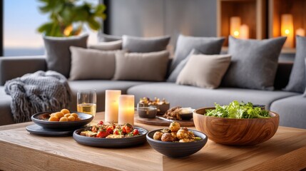 Festive table setting with assorted dishes, candles, and drinks, creating a warm atmosphere for a Thanksgiving celebration in a cozy living room