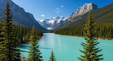 A breathtaking turquoise river winds through a pristine mountain valley, flanked by dense evergreen forests and towering snow-capped peaks under a clear blue sky.