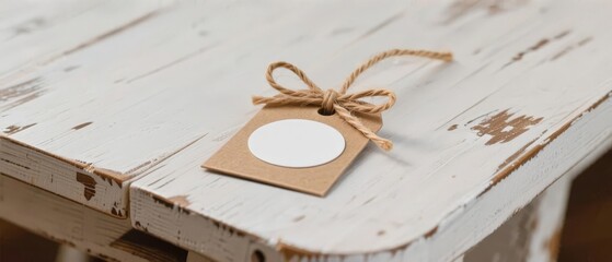A blank brown paper tag tied with twine rests on a weathered white wooden surface.