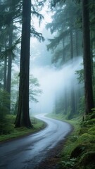 Winding road through a misty forest with tall evergreen trees and damp surroundings