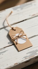 Brown paper tag with twine bow on weathered white wooden surface