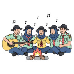 Scout group singing around campfire with musical notes.