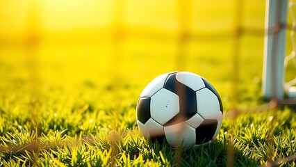 Soccer ball nestled in the net against a lush green field, capturing a moment of victory.
