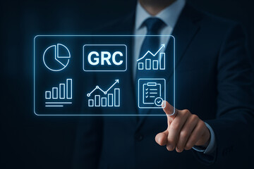 Businessman interacting with GRC digital interface with charts and icons