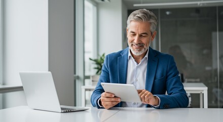 A smiling, distinguished businessman uses a digital tablet while sitting at a bright office desk.