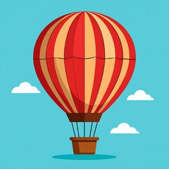 Cartoon hot air balloon with red and beige stripes against a light blue sky.
