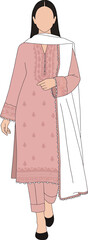 Pakistani woman in pastel pink embroidered shalwar kameez with dupatta isolated