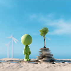 7. Green figure looking at tree growing from coins with wind turbines, concept of sustainable growth and eco investment