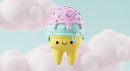 Against a background of fluffy pink clouds, kawaii ice cream cone with cheerful expression features pastel-colored scoops and colorful sprinkles. Children’s dentistry concept.