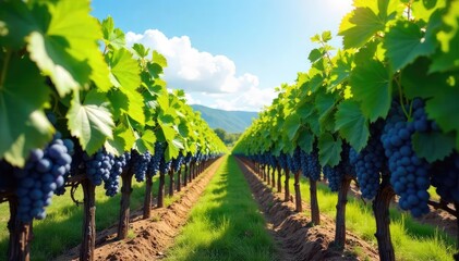Sun-drenched vineyard rows heavy with ripening grapes, ready for harvest Lush green leaves frame the plump, purple fruit under a vibrant blue sky , viticulture, farming, agricultural landscape