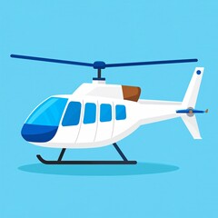 A cartoon illustration of a white helicopter with blue accents, ready for flight.