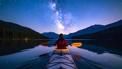 Kayaker on lake at night under starry sky