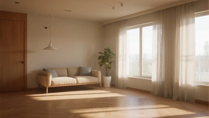 Naklejka premium Bright and cozy living room with sofa and large windows