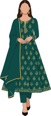Pakistani woman in teal anarkali kameez with churidar and dupatta isolated