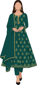 Pakistani woman in teal anarkali kameez with churidar and dupatta isolated