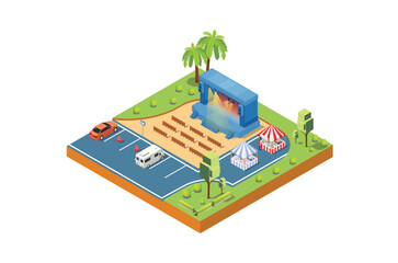 Music Event Stage with ample parking and vehicle parking, Suitable for Diagrams, Game Asset, And Other asset