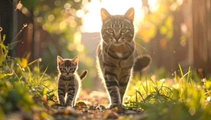 Two cats walking in sunlit path