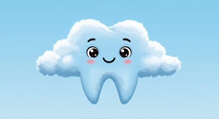 Against a soft blue backdrop, cartoon tooth with blushing cheeks and big eyes smiles sweetly, adorned fluffy white cloud-like edges. Children’s dentistry concept.