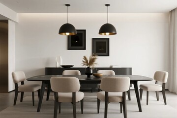 Modern minimalist dining room with black pendant lights and beige chairs