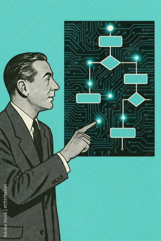 Poster retro pop art style of man pointing at digital flowchart on circuit board background for technology 