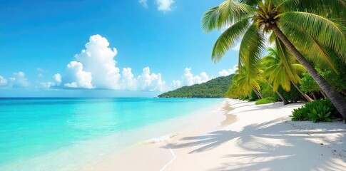 Fototapeta premium Tranquil turquoise waters lap gently on a pristine white sand beach, palm trees swaying in the gentle breeze, creating a perfect tropical paradise scene , ocean view, white beach