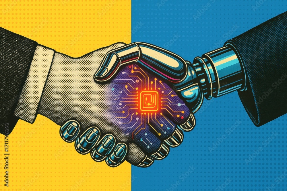 Poster retro pop art style of human and robot handshake with digital circuit background symbolizing technol