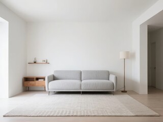 Minimalist living room with light gray sofa, wooden shelf, floor lamp, and neutral tones