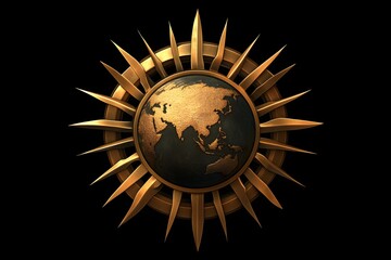 Golden Earth Globe with Sun Rays Artistic Design on Black Backdrop