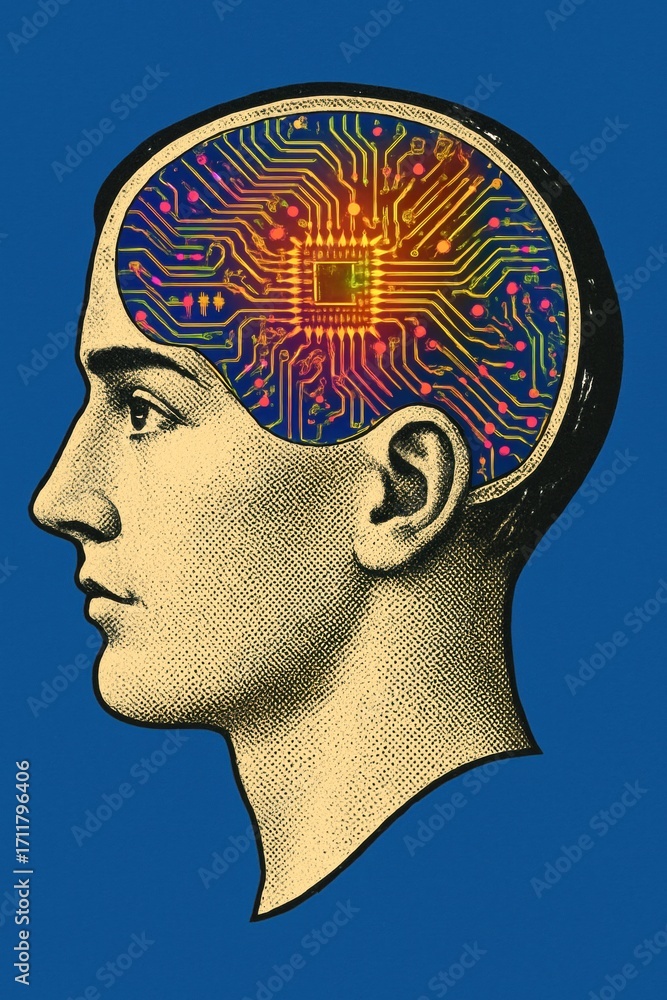 Poster retro pop art style of human head with digital circuit brain illustration representing artificial in