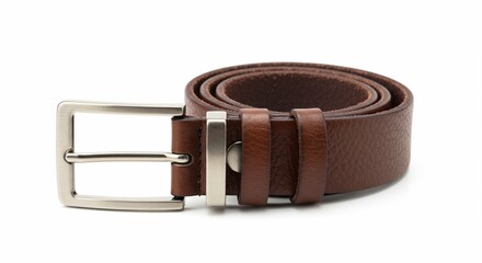 A coiled brown leather belt with a brushed silver buckle displayed against a clean white background.