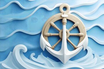 Anchor and Ship Wheel on Blue Waves Nautical Illustration Design
