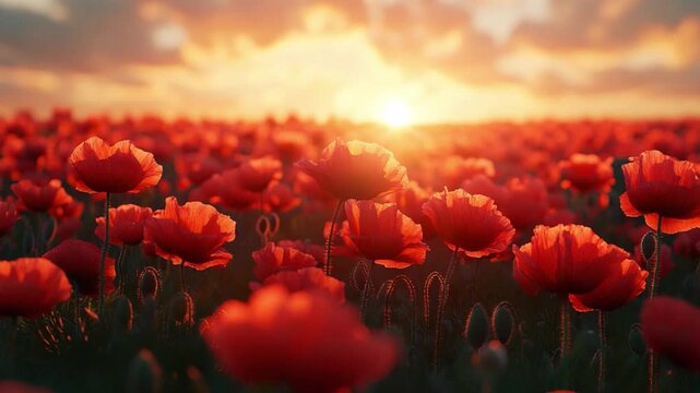 Poppy Field at Sunset: A sea of vibrant red poppies stretches towards the horizon, illuminated by the warm glow of a breathtaking sunset. The scene evokes feelings of tranquility and natural beauty. 
