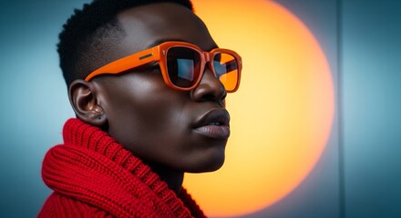 Style and Grace: A Portrait of a Stylish Individual: A portrait of an elegant person, wearing vibrant orange sunglasses and a matching red sweater, showcasing confidence and modern style.