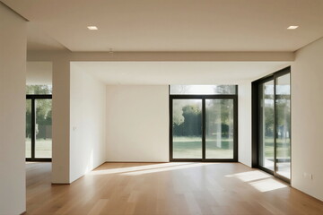 Modern spacious interior with large windows and wooden floors
