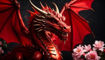 Red dragon, majestic pose, dark background, flowers