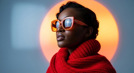 Radiant Look with Orange Sunglasses: A young woman with sleek dark hair and radiant skin confidently gazes towards the future, wearing stylish orange sunglasses and a matching red scarf.