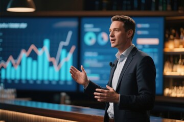 Professional speaker presenting data insights in a modern bar setting with digital displays.