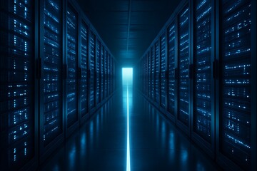 Immersive futuristic digital data center corridor with glowing blue server racks, symbolizing vast information networks, cloud computing infrastructure, and advanced technological innovation