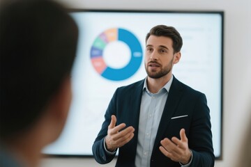 Professional man presenting data to an audience in a modern office setting.