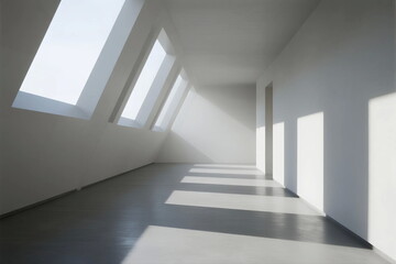 Bright and spacious white interior with slanted windows letting in light