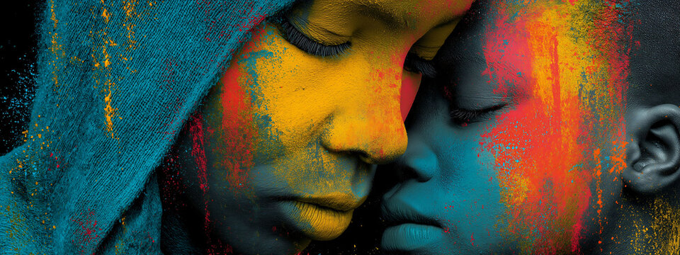 Mixed media artwork: Mandinka mother and child intertwined, forming Africa. One half monochrome, the other colorful. Mystic tribal elements