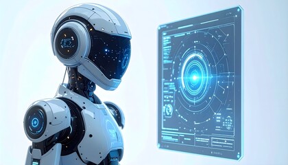 3D robot character standing with holographic digital interface screen