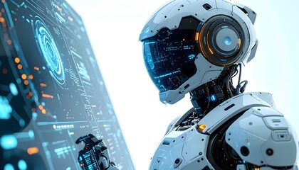 3D robot character standing with holographic digital interface screen